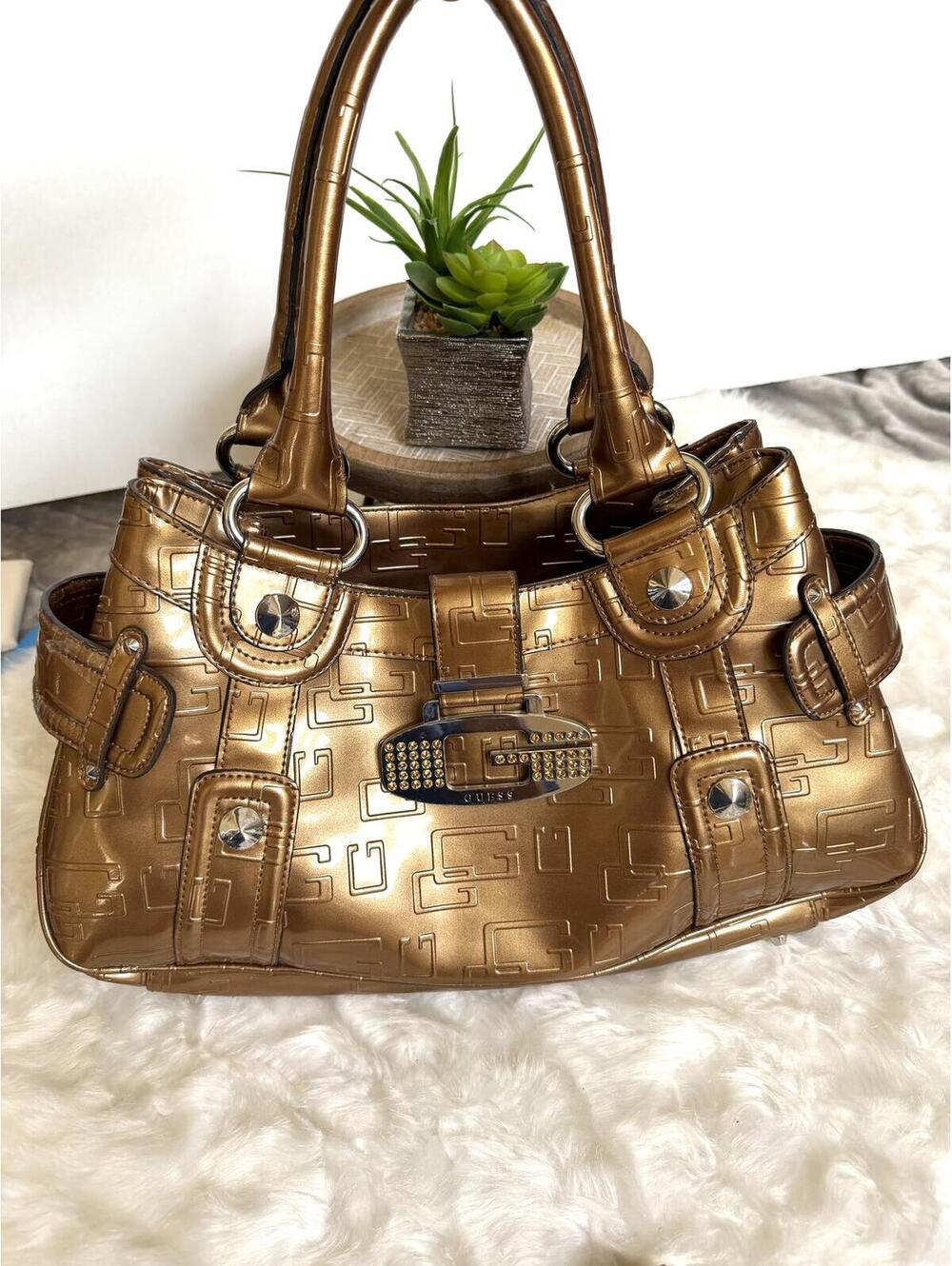 Guess Metallic Gold Embossed Logo Handbag